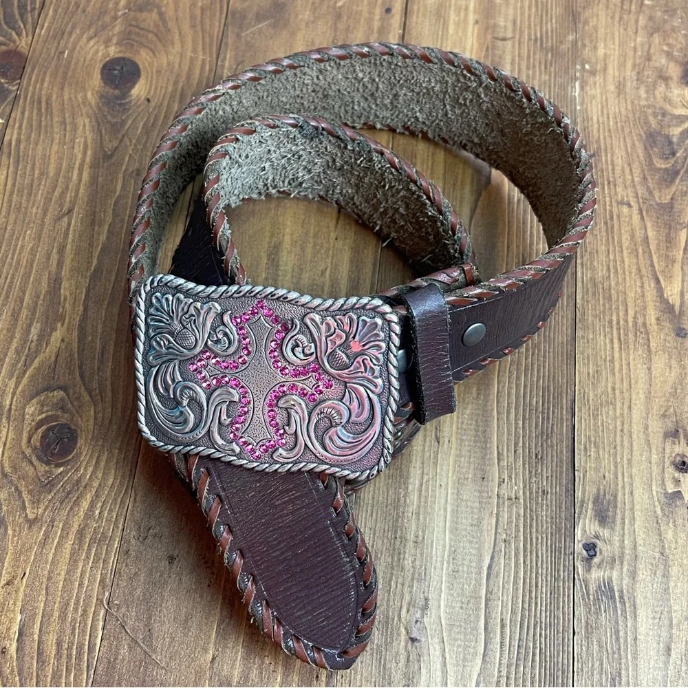 Enmon brown leather western belt with cross buckle size 34